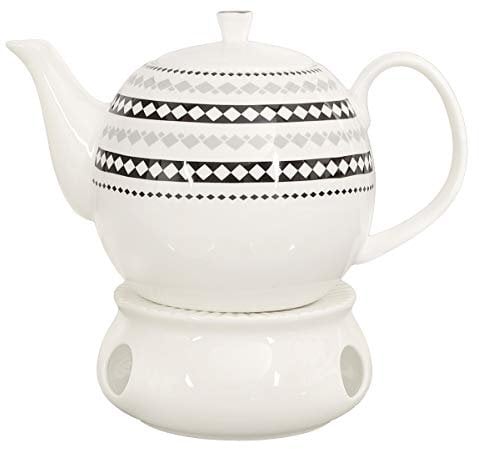 Buchensee Porzellan Kanne 1,5 Liter mit Stövchen. Elegantes Teeset/Kaffeeset aus Fine Bone China mit stilvollem Rautendekor