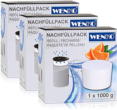 WENKO Raumentfeuchter Mod. Drop Nachfüller 1000 g mit Orangenduft, 3er Set aus Calciumchlorid Weiß