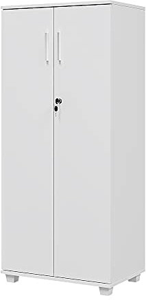 Panana Office Wood Storage Cabinet, 2 Door Engineered Wood Cupboard Tall White Slim Cabinet With Lock Bookcase Filing Cabinet For Family Office (White)