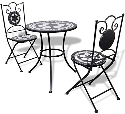 Atlojoys 3-TLG. Bistro-Set, Bistrostuhl & Tisch, Garnitur, Bistroset, Bistroset Balkonset Bistrostuhl Gartenset Garnitur Möbel Keramikfliese Schwarz/Weiß