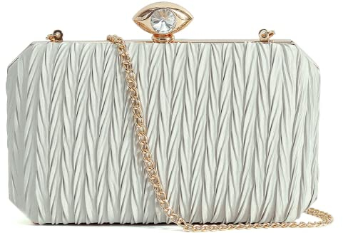 PEEPTOE EVENING Damen Satin Abendtasche Clutch Geldbörse Handtaschen Crossbody Hardcase für Party Abschlussball Hochzeit, Silberfarben/Weiß