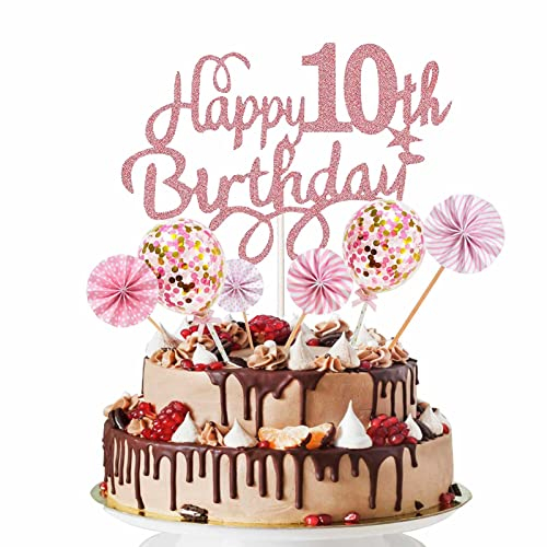 10.Geburtstag Tortendeko Probuk 7PCS Wiederverwendbar Glitzer Roségold Cake Topper Kuchendeko mit Papierfächer&Konfetti Luftballons,Partydekoration für Geburtstags/Hauspartys/Weihnachtsfeiern