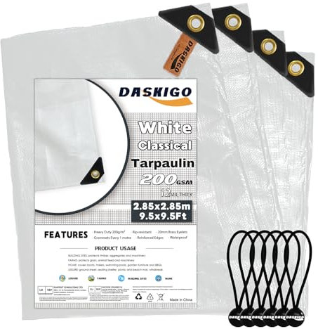 DASKIGO 3 x 3M - Lona impermeable reforzada de 200 g/m², color blanco y 6 bolas elásticas