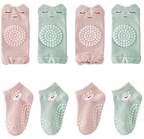 FedMois 4 Pares Rodilleras Bebé Gateo + 4 Pares Calcetines Antideslizantes de Algodón con Motivos de Animales, bebés niña, 1-3 años
