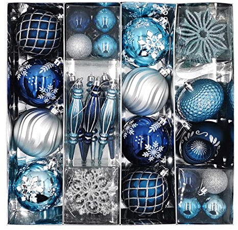 SVNVIOZ Christmas Baubles - 70pcs Christmas Ornaments Set, Winter Wishes Silver and Blue Shatterproof Xmas Balls for Tree Decoration