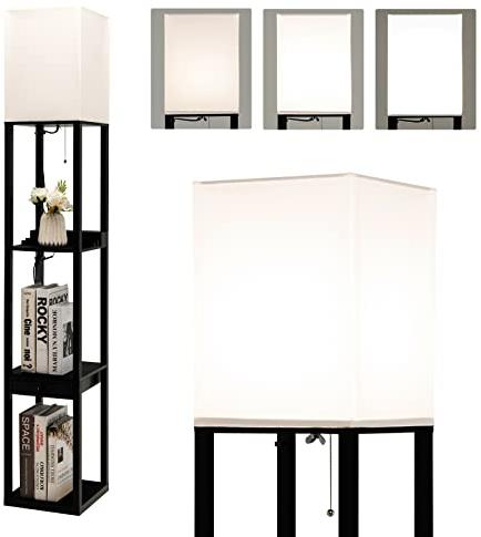 COSTWAY Stehlampe Wohnzimmer dimmbar 160cm, E27, mit 2 USB Anschlüsseln, 3 Ebenen Stehleuchte mit Schublade, Standleuchte Holz für Wohnzimmer & Schlafzimmer, inkl. LED Glühbirnen 5000K