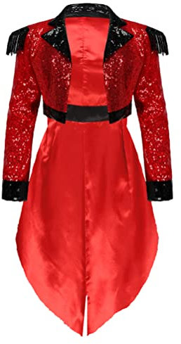 Aislor Damen Zirkusdirektor Kostüm Langarm Mantel Pailletten Somking Blazer Ringmaster Schwalbenschwanz Parade Frack Karnevalskostüm Rot XXL