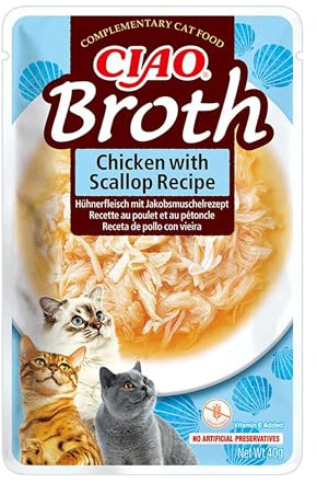 INABA Ciao Broth, Wet Cat Food, Chicken & Scallop, 1 Pack (40g) | Light Broth with Shredded Chicken, Moist Cat Treat, Delicious Snack, Food Topper, Side Dish, Premium Ingredients, Low Calorie