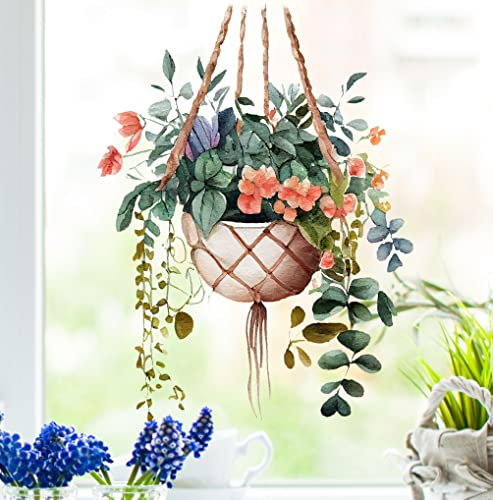 wolga-kreativ Fenstersticker Fensterbilder Glasdekorfolie Motiv Fensterfolie Fenstertattoo Hängende Blumen grün Hängepflanzen Keramiktopf Deko Küchenfenster wiederverwendbar