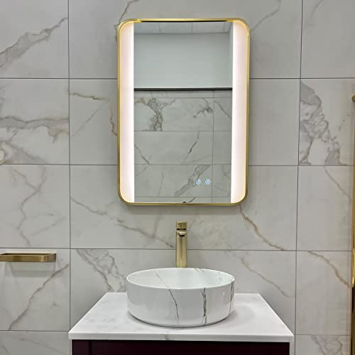 Eliseo Ricci Bluetooth Bathroom Mirror 2 LED Light Settings, Bluetooth Speakers, Touch Sensors & Heated Demister Pad 700x500mm Anti-Fog, Gold Brushed Brass Wall Mounted Vanity Aluminium Frame Mirror