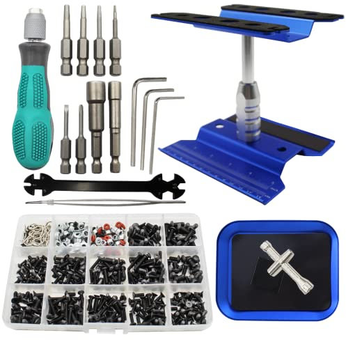 RC Auto-Reparatur-Arbeitsständer, Reparaturwerkzeug-Set, 360-Grad-Drehung und 523-teiliges RC-Schrauben-Set & RC-Schraubendreher und Schrauben, Paletten-Set für 1/8, 1/10, 1/12, 1/16, 1/18, RC