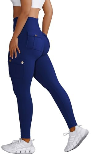 Nuofengkudu Damen Sport Cargo Leggings mit Taschen High Waist Stretch Cargohose Eng Hosen Push up Sportleggins Stretch Jeggings Gym Fitness Outdoor Workout Sporthose Y-Dunkelblau M