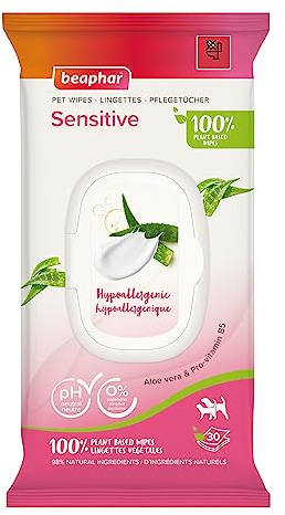 BEAPHAR – Lingettes Sensitive 100% végétales pour Chien et Chat – 98% Ingrédient naturels– Hypoallergéniques– À l'Aloe Vera et à la Pro-Vitamine B5– 0% parabène/alcool/parfum– pH neutre – 30 Lingettes