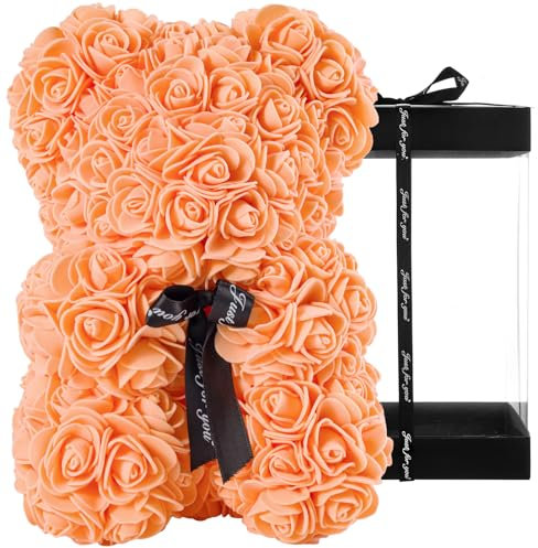 DuHouse Rose Bär Rose Teddybär Blume Geschenk Black Box für Valentinstag Jahrestag Muttertag Weihnachten, Geburtstage Bridal Showers Vollständig handgefertigt 25,4 cm Blume Bär (Orange)