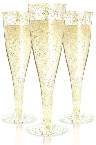 Prestee 48 Champagne Flutes Plastic - Disposable Champagne Flute - Gold Glitter Plastic Champagne Glasses for Parties - Mimosa Bar, Wedding, and Shower Party Supplies - Plastic Party Glasses (Gold)
