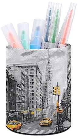 Quteprint Pot à crayons rond pour bureau, New York City Street Art - Pot à crayons de bureau - Organisateur de maquillage - Boîte de rangement pour la maison, le bureau, les enseignants - Cuir