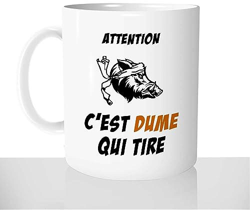Mug Attention C'est Chasseur Qui Tire - Tasse Cadeau Idées Cadeaux Original - Prénom Personnalisable - Chasse Corse Sanglier