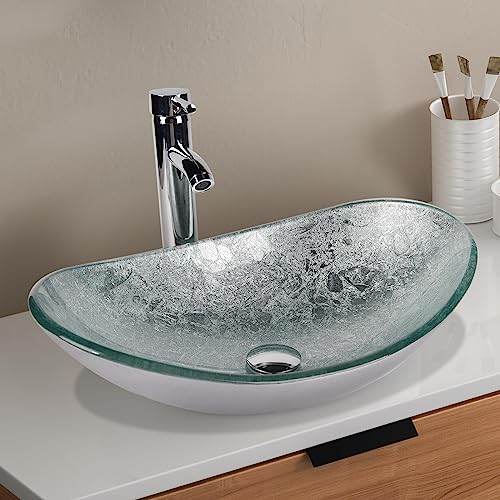 ZealWe Waschbecken Aufsatzwaschbecken Glas Waschtisch 55x35 cm, Handwaschbecken Aufsatz Waschschale Mit Wasserhahn Set Bad Waschplätze für Badezimmer, Gäste WC, küche, Oval,Modern Silber