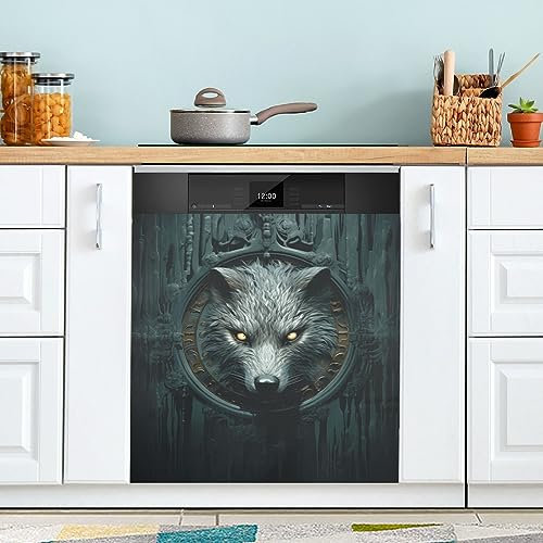 White Wolf Door Black Gray Green Dishwasher Magnet Cover Refrigerator Panel Decal Deco for Cabinet Kitchen Laundry Room Gift 23 x 26 Inch