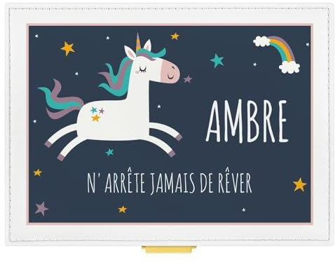 Maverton Boîte à Bijoux à personnaliser pour petite fille - Coffre à trésors à 3 niveaux avec miroir intérieur - avec votre personnalisation - pour bébé - baptême - premier anniversaire - licorne
