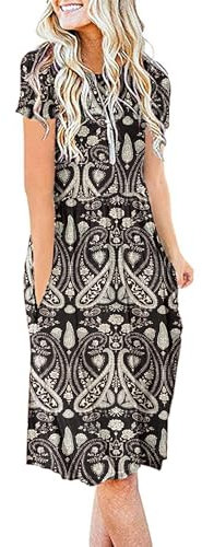 AUSELILY Summer Dresses for Women Short Sleeve Knee Length with Pockets Loose Pleated Empire Dress T-Shirt Dresses