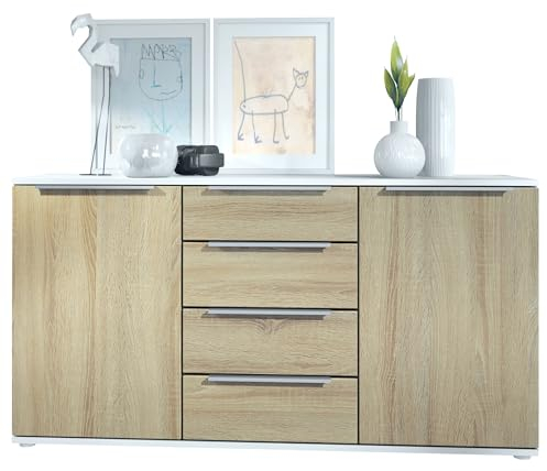 Vladon Sideboard Linio 139 x 72,5 x 35 cm Anrichte mit 2 Türen und 4 Schubladen, Korpus in Weiß matt, Fronten in Eiche sägerau