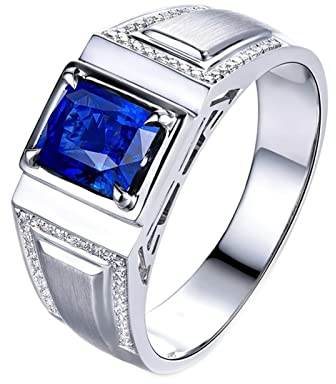 Dsnyu Gold Ring Herren 18 Karat, Hochzeitsringe Modeschmuck Labor Geschaffener Saphir 1.28ct Rechteckig Blau Eheringe Gr.60 (19.1) 750 Weißgold