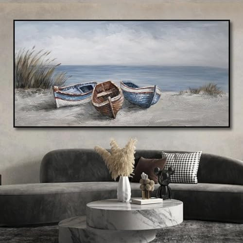 GEMMII 3 Barche Quadro su tela di grandi dimensioni Stampa su tela Poster Immagini astratte di navi sulla spiaggia al mare per soggiorno Decorazione murale decorativa 60x120 cm senza cornice