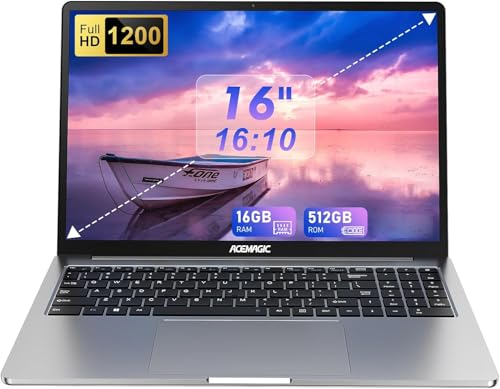 ACEMAGIC Laptop, Metallgehäuse, 16 Zoll FHD, 16 GB DDR4, 512 GB SSD Notebook-Computer, In-tel Quad-Core N97 (bis zu 3,60 GHz) schlägt N5095, Leichter Laptop mit WLAN, BT5.0, USB 3.2 x 2, Typ C(Gray)