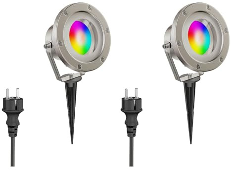 ledscom.de 2 st BULA-trädgårdsstrålkastare med jordspett för utomhusbruk, rostfritt stål + RGB-ljuskälla, varmvitt – kallvitt (2900 – 6200)