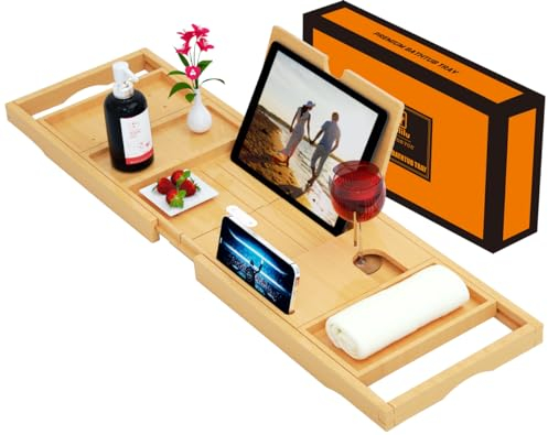 Luxury Bathtub Caddy Tray,Bamboo Bathtub Tray Caddy - Wood Bath Tray Expandable,Can be Placed Book and Integrated Tablet Smartphone and Wine Holder - Gift Idea for Loved Ones
