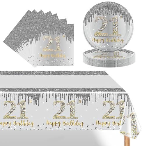 POPOYU 37Pcs White and Gold 21st Birthday Tableware Set,Silver Party Plates 21st,21st Birthday Plates and Napkins,21stBirthday Table Cloth for Him Her Men Women BirthdayGift Party Supplies