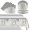 POPOYU 37Pcs White and Gold 21st Birthday Tableware Set,Silver Party Plates 21st,21st Birthday Plates and Napkins,21stBirthday Table Cloth for Him Her Men Women BirthdayGift Party Supplies