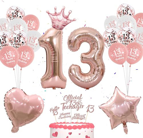 13. Geburtstag Rosegold Luftballon Mädchen - 28 Stücke offizielle Teenager 13. Geburtstagsdeko Nummer 13 Luftballons Herz Stern Folienballon 13. Tortendeko für Mädchen Party Deko