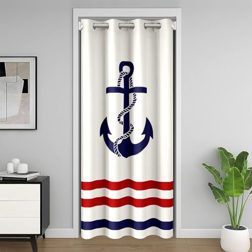 Homemissing Anchor Decor White Red Blue Door Curtain for Doorway Privacy1 Panel, 106x203cm Themed Stripes Insulated Thermal Curtain Ocean Door Cover Curtain Window Treatments Room Decor