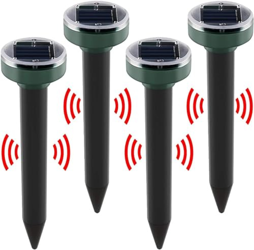 PCXWTLN Solar Mole Repellent, 4 Pack Repellent Ultrasonic Solar Powered Mole Repellent Stakes Waterproof Animals Repeller Groundhog Snake Repeller Mole Repeller for Lawn Garden | Solar Energy Powered, Weatherproof Housing, Continuous Ultrasonic Pulses, Drives Away Moles, Snakes and Groundhogs