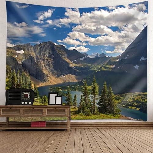 Lirzxin Wandbehang 210x140CM, Wandteppiche Fluss Bäume und Berg Landschaft Blau Braun Tapisserie Wandtuch für Wohnzimmer Schlafzimmer Picknickdecke Teppich Yogamatte Wanddeko