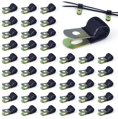 LELE LIFE 50Pcs 10mm Cable Clamps, Vinyl Coated Steel Wire Clamps Pipe Clamp, R-Style Insulated Rope Light Clips Strong Metal Cable Clips for Hose Conduit Extension Cord, Black (10mm)