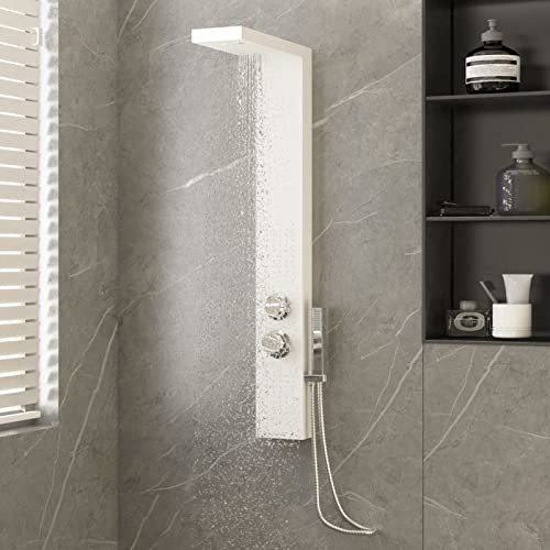 Brokky Pannello Doccia in Alluminio Bianco-Colonna Doccia Idromassaggio con Miscelatore, Pannello Doccia Acciaio Inox Funzioni, Doccia Soffione Colonna per Bagno