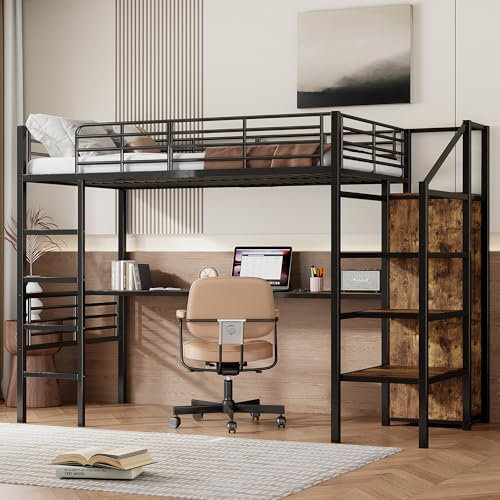 Dolamaní Letto a soppalco per adulti, in metallo nero, 90 x 200 cm, con scale, scrivania e armadio, piccolo, in metallo con protezione anti-caduta (90 x 200 cm-B)