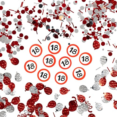 Tiwoca Deko zum 18. Geburtstag – rot-weißer Konfetti-Mix mit Verkehrsschild-Optik Zahl 18 – Ausgefallene Geburtstagsdeko und lustige Geschenkideen für Junge und Mädchen