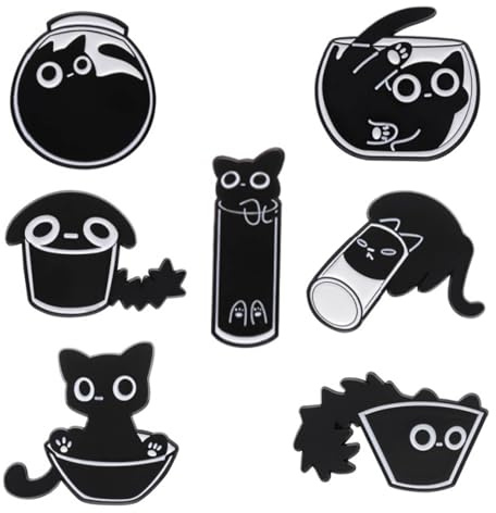 7 Stück Schwarze Katzen Emaille Anstecknadeln, Niedliche Tier Emaille Brosche für Jacken, Verspielte Katzen Emaille Brosche, Cute Pin Anstecker, Enamel Emaille Anstecker Pin, für Jacken, Hüte