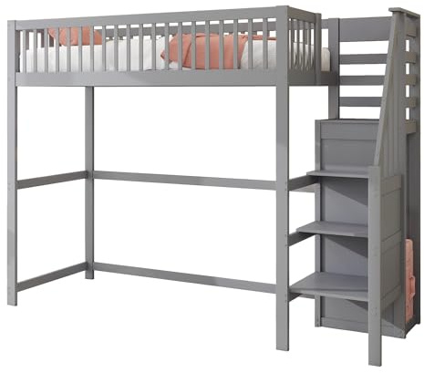 Azkoeesy Letto a soppalco con scaletta per bambini e adulti, 90x200 cm, Letto singolo con armadio e protezione anticaduta, Legno di pino, Grigio