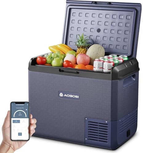 AAOBOSI Kompressor Kühlbox, 60L Auto Kühlbox 12V 230V, IPX4 Wasserdicht Kühlbox Elektrisch -20°C bis 20°C für Auto, LKW, Boot, Reisemobil, Camping, Fischen, Reisen, Garten