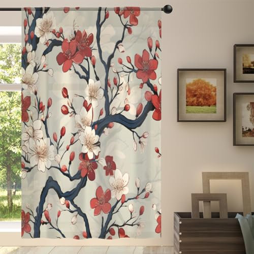 Mexpekil Voilage semi-transparent pour salon, chambre à coucher, cuisine, 140 cm de large, rouge et blanc, motif fleurs de cerisier du Japon, 1 panneau, 140 cm de long