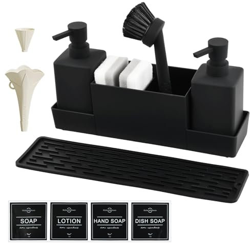 Mapille Set Distributeur de Savon de Cuisine, Distributeur de Liquide Vaisselle, Organisateur Evier Cuisine, avec Éponge, Brosse et Tapis de Drainage, pour Évier de Cuisine, Noir