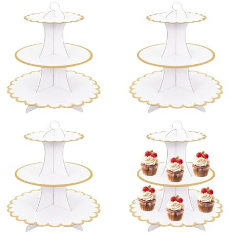 DYUEE 4 PCS White Cake Stand Cardboard Cupcake Stand 3 Tier Cupcake Dessert Holder, White Cardboard Cake Stands Dessert Holder for Birthday, Party, Baby Showers