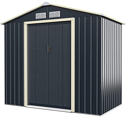 COSTWAY Caseta Jardin Exterior, 2.7㎡, 213 x 127 x 195 cm,Cobertizo Jardin Exterior, Acero Galvanizado, 2 Puertas Correderas, Garden Shed con 4 Ventilaciones y Techo Inclinado, Antracita