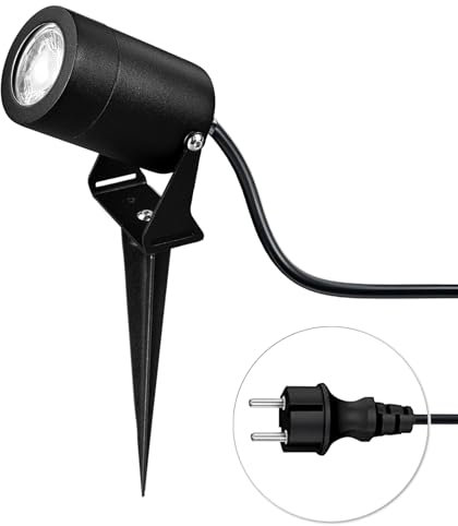 JNR Edelstahl Gartenstrahler LED Außen IP65 Wasserdichte, Gartenleuchten mit Strom 5W GU10 3000K Warmweiß Glühbirne, 2m Kabel mit Stecker Gartenbeleuchtung mit Strom, Schwarz
