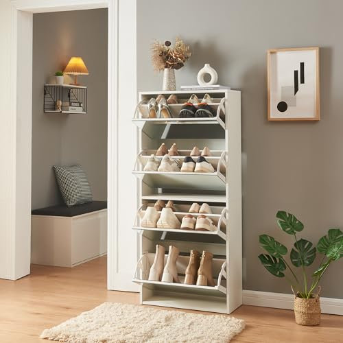 [en.casa] Schuhschrank Lund Schuhkipper mit 4 Klappen verspiegelt Schuhkommode für 16 Paar Schuhe 134 x 60 x 24 cm Weiß